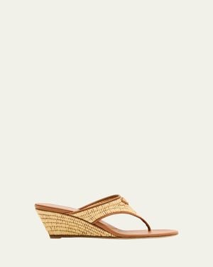 Prada 55Mm Triangle Logo Raffia And Leather Thong Sandals - Natural