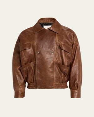 Saint Laurent Antique Leather Double-Snap Bomber Jacket - Brown
