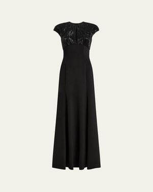Jenny Packham Moonveil Tonal Sequin Cap-Sleeve Gown - Black