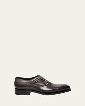 Santoni Kaj Brogue Leather Double-Monk Strap Loafers - White