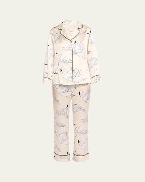 Olivia Von Halle Lila Swan-Print Silk Satin Pajama Set - Natural