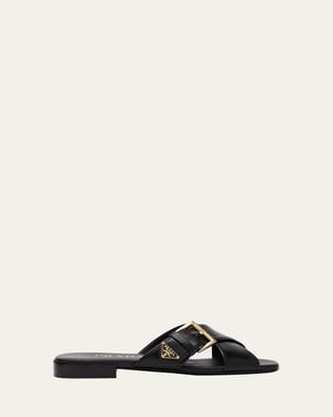 Prada Triangle Logo Buckle Leather Slide Sandals - Black