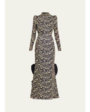 Marc Jacobs Lace-Print Sculptural Long-Sleeve Bow Trumpet Gown - White