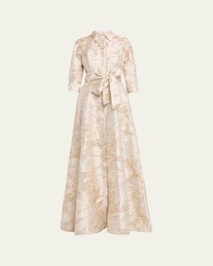 Teri Jon Metallic Jacquard Midi Shirtdress - Natural