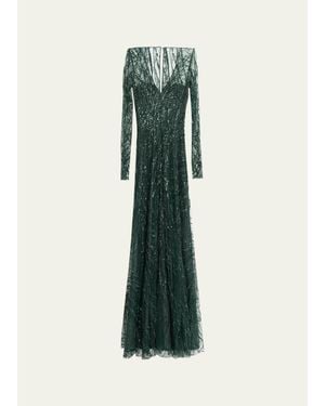 Naeem Khan Long-Sleeve Beaded Tulle A-Line Gown - Green