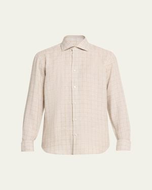 Baldassari Linen Windowpane Check Button-Down Shirt - Natural