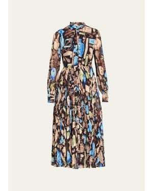 Jason Wu Tie-Neck Pleated Chiffon Long-Sleeve Midi Dress - White