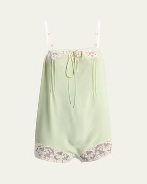Saint Laurent Lace-Trim Sleeveless Silk Romper - Green