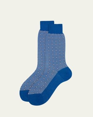 Bresciani Cotton Diamond-Woven Crew Socks - Blue