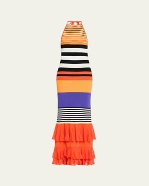 Christopher John Rogers Striped Halter Neck Ruffle Dress - White