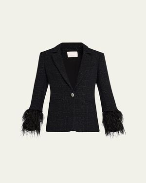 Cinq À Sept Karlie Feather-Trim Shimmer Boucle Blazer - Black