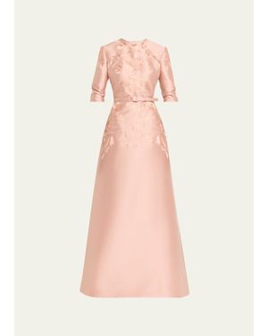 Reem Acra Embroidered Mikado Silk 3/-Sleeve Gown With Belt - Pink