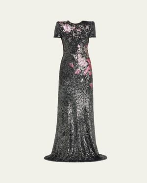 Naeem Khan Floral Applique Stretch Sequin Cap-Sleeve Gown - White