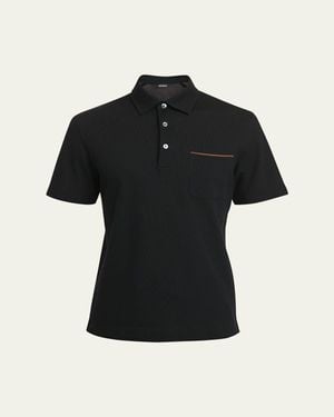 ZEGNA Cotton Polo Shirt With Leather-Trim Pocket - Black