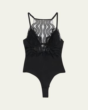 LIVY Electra Embroidered Mesh & Microfiber Bodysuit - Black