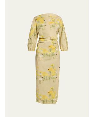 BERNADETTE Ezra Floral Ruched Cotton 3/4-Sleeve Midi Dress - Metallic