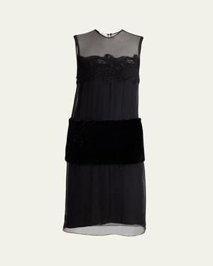 Ferragamo Silk Chiffon Velvet Panel Sleeveless Midi Dress - Black