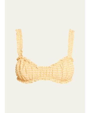 Jonathan Simkhai Evander Ruched Gingham Seersucker Bikini Top - Natural