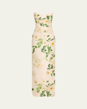 Monique Lhuillier Floral-Print Draped Strapless Gown - Metallic