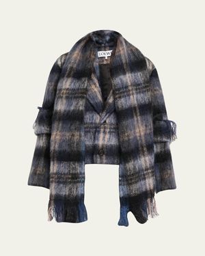 Loewe Check Alpaca Fringe Scarf Jacket - Blue
