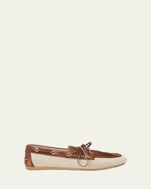Miu Miu Bow Canvas Leather Boat Shoes - Natural