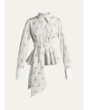 McQueen Floral Jacquard Taffeta Wrap Peplum Shirt - Natural