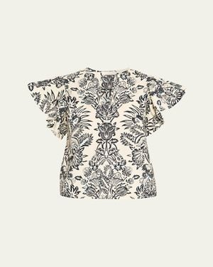 Ulla Johnson Severine Floral Flutter-Sleeve Blouse - White