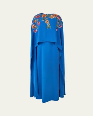 Carolina Herrera Embroidered Cape-Front Caftan - Blue