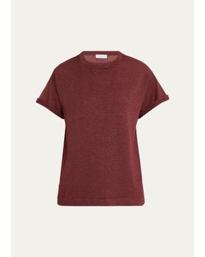 Brunello Cucinelli Shimmering Cashmere Short-Sleeve Crewneck Sweater - Red