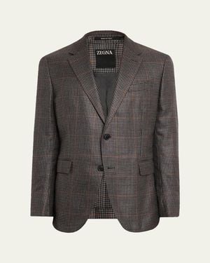 ZEGNA Cashmere And Silk Houndstooth Check Sport Coat - Gray