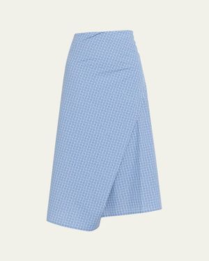 6397 Draped Plaid Wrap Midi Skirt - Blue