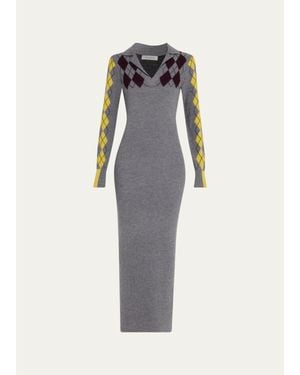 Zankov Raisa Reverse Argyle Wool Knit Empire Maxi Polo Dress - Multicolor
