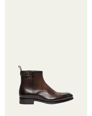 Santoni Ira Grained Leather Cap-Toe Side-Zip Ankle Boots - White