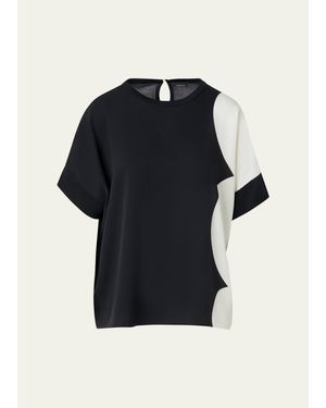 Akris Silk-Front Short-Sleeve Sweater - Blue