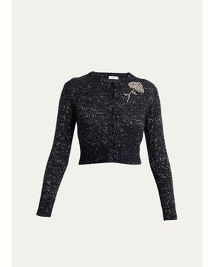 Erdem Crystal Brooch Paillette Knit Crop Crewneck Cardigan - Black