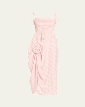 Sleeper Atlanta Linen-Blend Rosette Gingham Dress - Pink