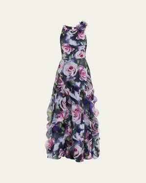 Teri Jon Ruffle-Trim Floral Chiffon Halter Gown - White