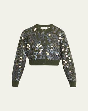 Zankov Sequined Cashmere Pointelle Knit Crop Cardigan - Green
