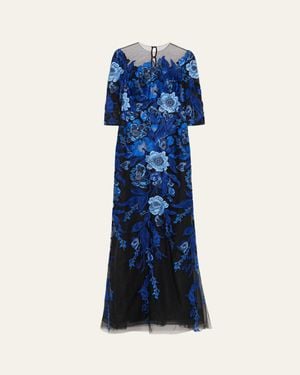 Teri Jon Floral Embroidered Tulle Gown - Blue