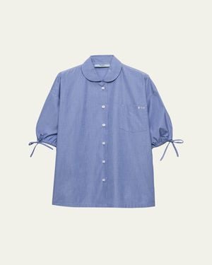Prada Puff-Sleeve Cotton Button-Down Top - Blue