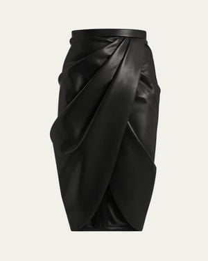 Balmain High-Waist Draped Lambskin Midi Skirt - Black