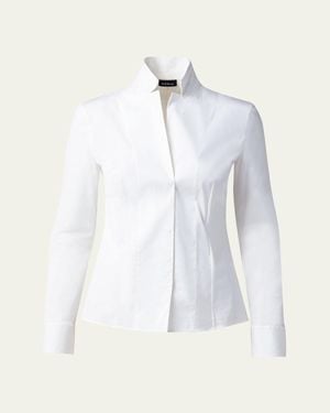 Akris Long-Sleeve Notched-Collar Poplin Blouse - Blue