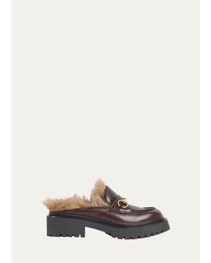 Gucci Rhodi Leather & Shearling Horsebit Mules - White