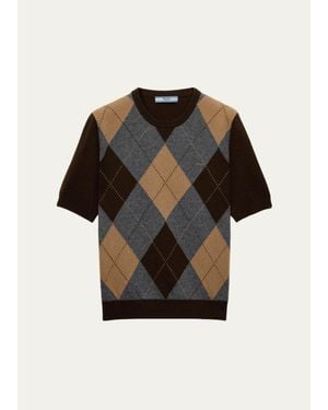 Prada Argyle Cashmere Short-Sleeve Crewneck Sweater - Black