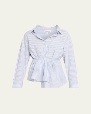 Rosie Assoulin Falling Off-The-Shoulder Striped Button-Down Shirt - Blue