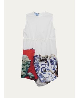 Prada Mixed-Print Cotton-Blend Drawstring Mini Dress - White