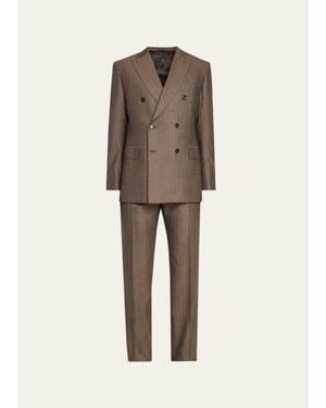 Brioni Tonal Stripe Herringbone Double-Breasted Suit - Natural