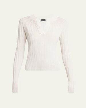 Giorgio Armani Ribbed Cashmere Silk Top - Natural