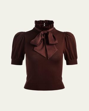 Alice + Olivia Chase Puff-Sleeve Ruffle-Neck Sweater - Red