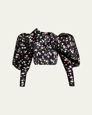 Marc Jacobs Rose-Print Satin Bow Balloon-Sleeve Crop Jacket - Black